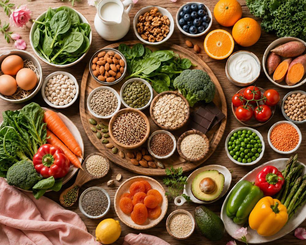 A full spread of fresh vegetables, fruit, dairy, eggs and nuts on a table